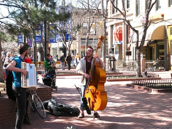 Music in air as Boulder downtown thaws out.